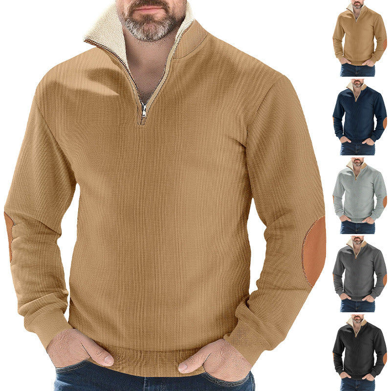 Herr Strukturerad Stickad Halv Dragkedja Pullover med Värmande Sherpa Krage och Velour Elbow Lappar