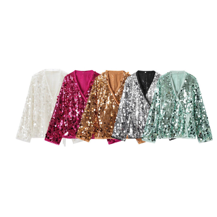 Dam 1900+ Wrap Blouson Jacka med Stora Sequins och Satin Ribbon