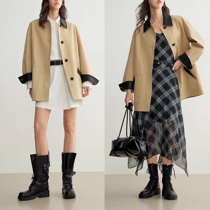 Dam Fashion oversize jacka med läder detaljer
