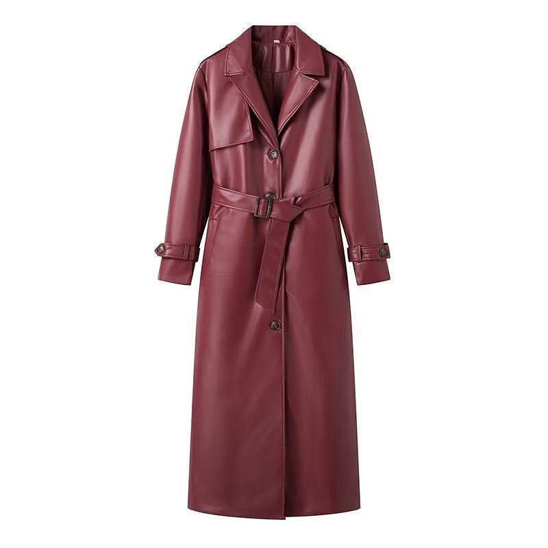 Dam lång konstläder trenchcoat med midjebälte, vid Lapels och Water-Resistant Surface