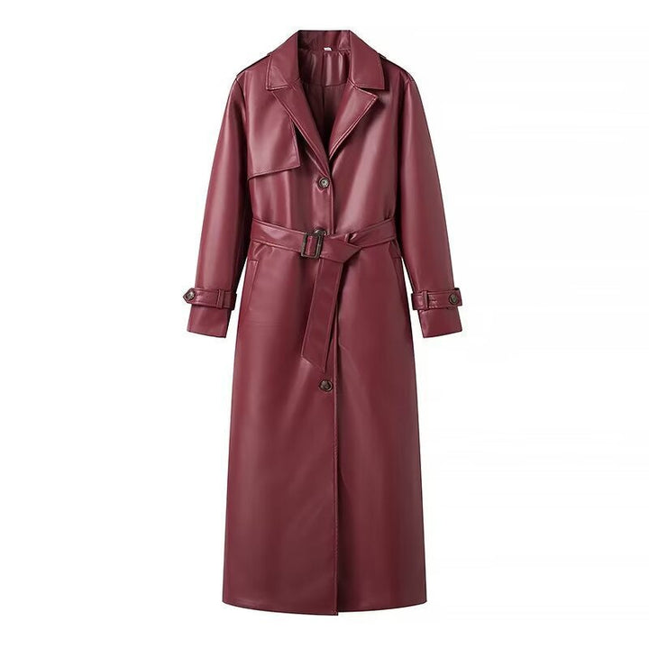 Dam lång konstläder trenchcoat med midjebälte, vid Lapels och Water-Resistant Surface