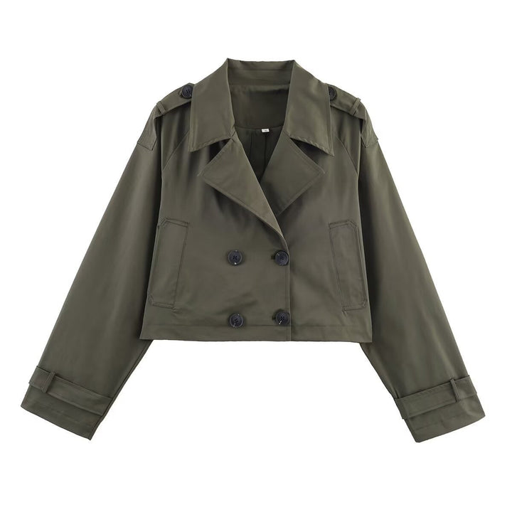 Dam kort Double-Breasted trenchcoat med vid Lapels, Epaulettes och boxig skärning