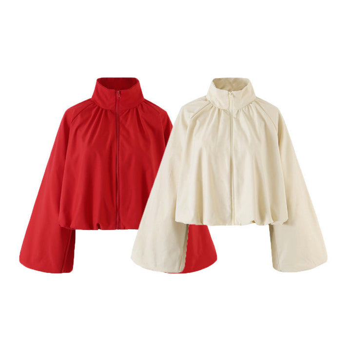 Dam Kort Cape Blouson Jacka med Wide Bell Ärmar och Stå Krage
