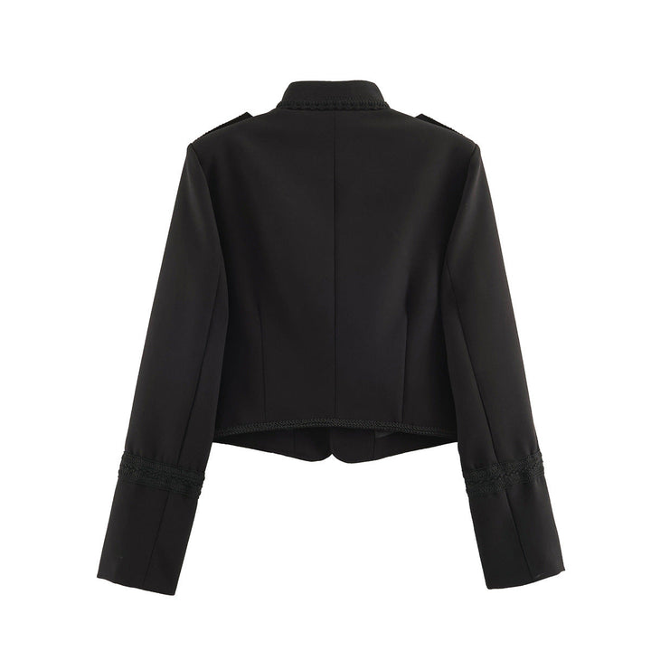 Dam Kort Military-Stil Jacka med Mandarin Krage, Dekorativ Knot, och Epaulettes
