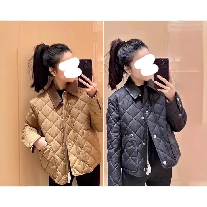 Dam kviltad jacka med hög-quality läder krage
