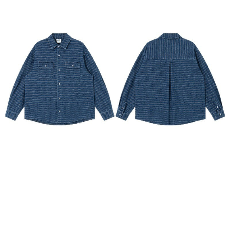 Unisex Strukturerad Bomull Overshirt Jacka med Zigzag Jacquard och Lapp Bröst Fickor