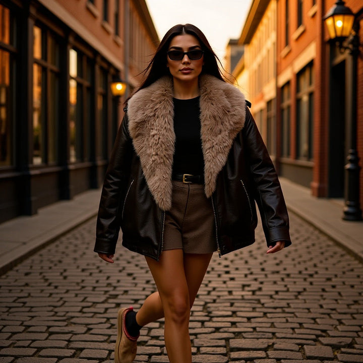 Dam kort aviator-stil jacka in läderlook med extra-stor faux fur krage och metallic dragkedja