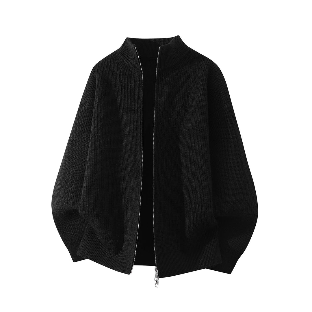 Herr Oversized Chunky Stickad Dragkedja Cardigan med Ståkrage och Tvåvägsdragkedja