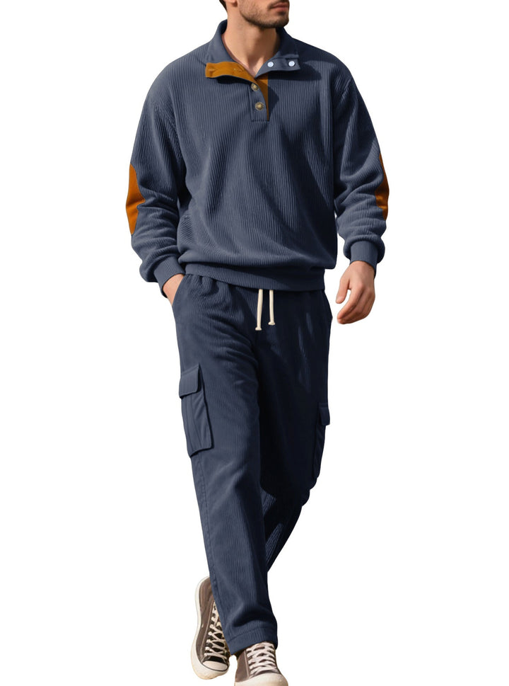 Herr Strukturerad Turtleneck Pullover med Ståkrage, Press Stud Slå, och Velour Elbow Lappar
