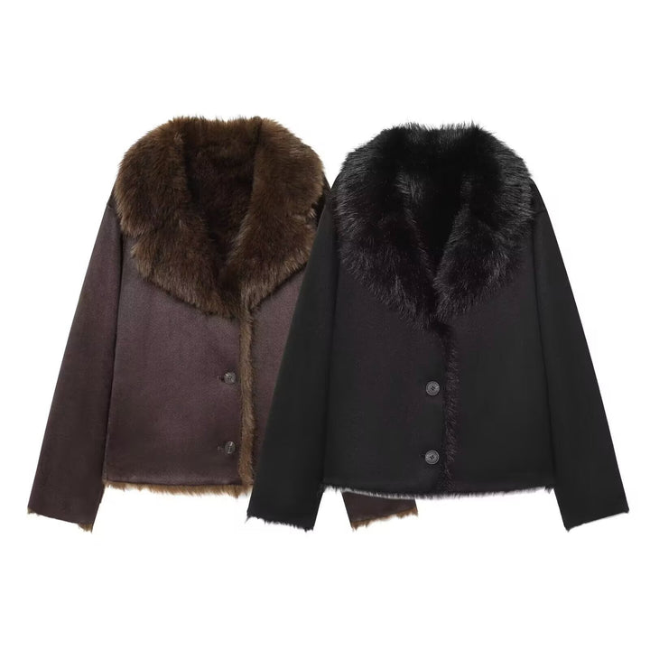 Dam Kort Ullblandning Blouson med Voluminous Konstpäls Krage