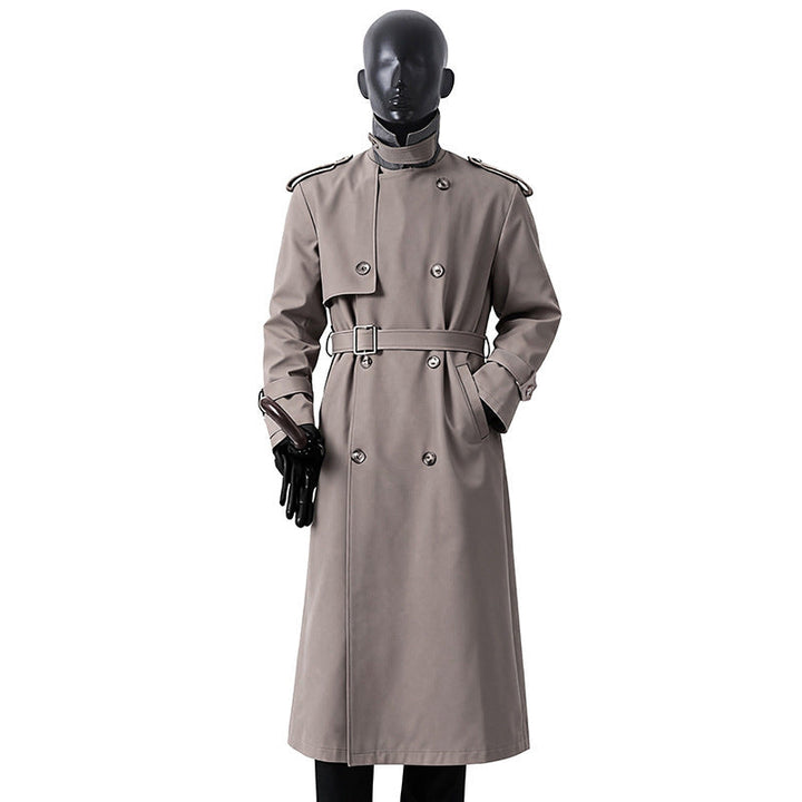 Herr Tidlös Maxi Lång Trench Kappa i Militär Stil med Storm Lock och Midja Bälte