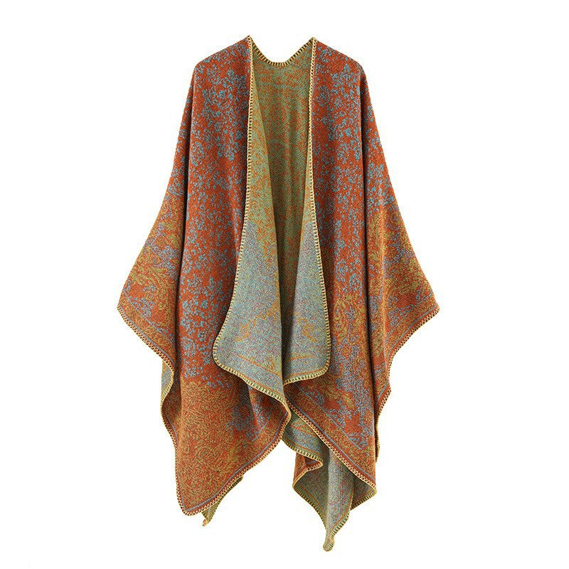 Dam Ornamental Jacquard capeponcho med Open Fall och Decorative Overlock Stitch