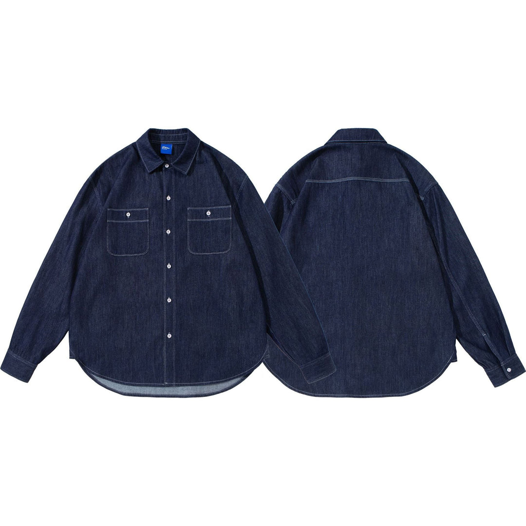 Unisex Oversized-Denim-Skjorta Jacka med Overlay Bröst Fickor