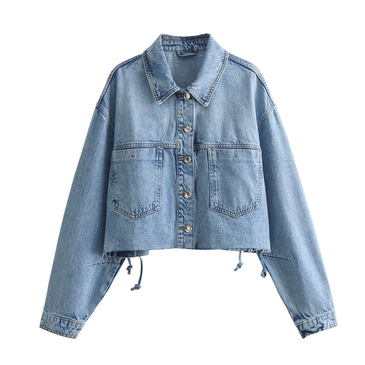 Dam cropped oversized jeans jacka med drawstring fåll, patch bröstfickor, och metal knäppning