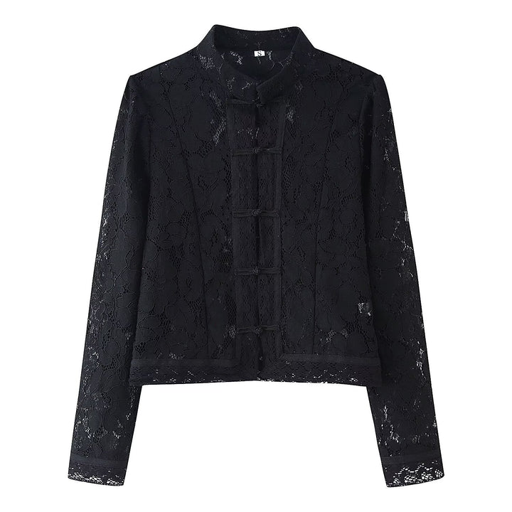 Dam Lace jacka med Stand krage, Chinese Knot och Transparent blommig design