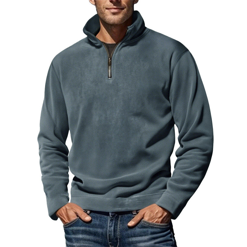 Herr Nano Fleece Halv Dragkedja Pullover med Ståkrage och Ribbstickade Muddar
