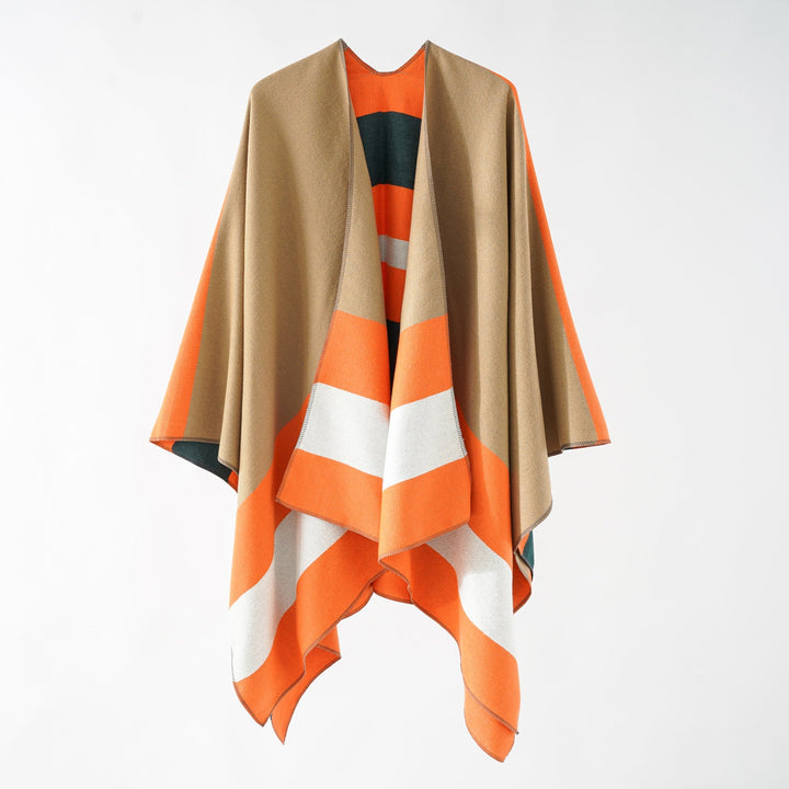 Dam Oversize Ruana i Cape stil tillverkad av ull look med Geometric Block Stripes