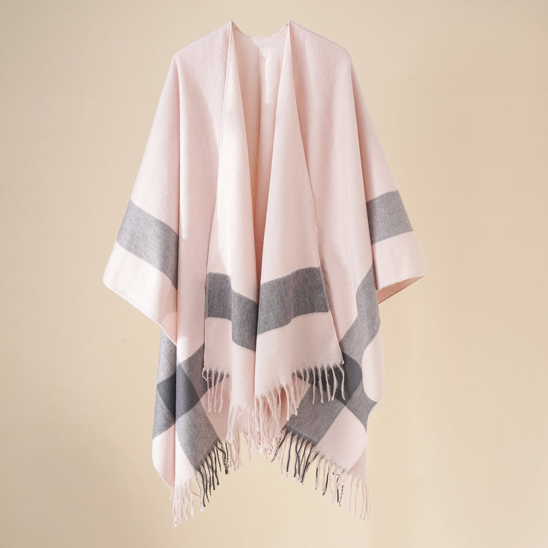 Dam ullblandning axel poncho med fringed fåll och kontrasterande block stripes