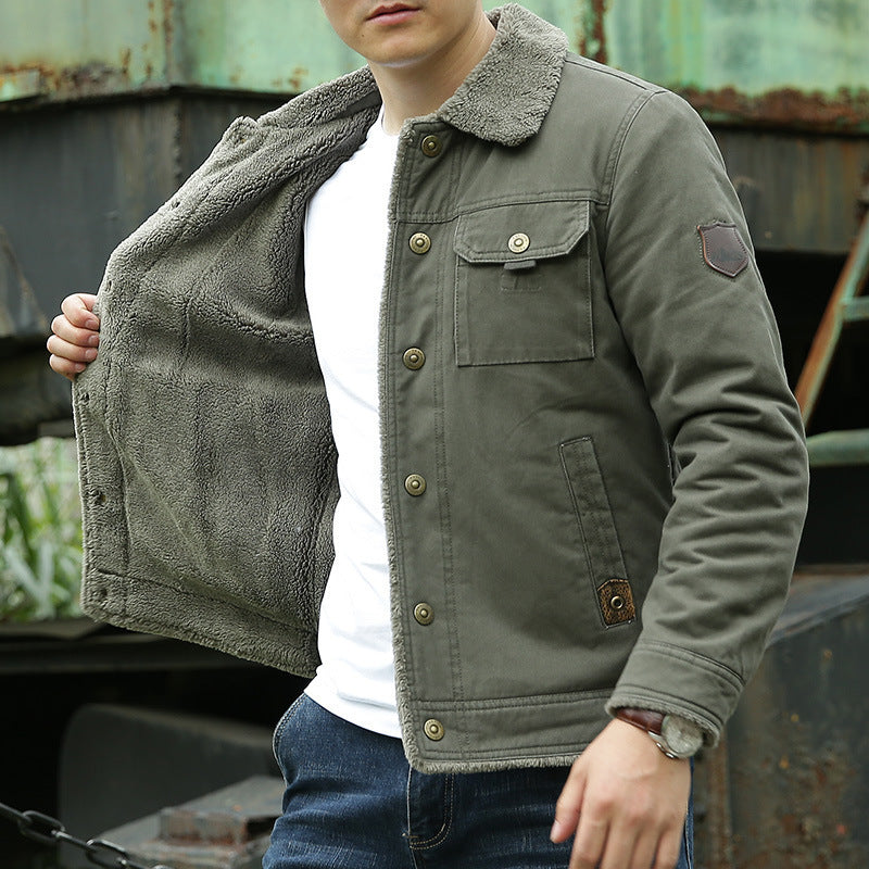 Herr Sherpa-Lined Canvas Trucker Jacka med Teddyfoder och Skjorta Krage