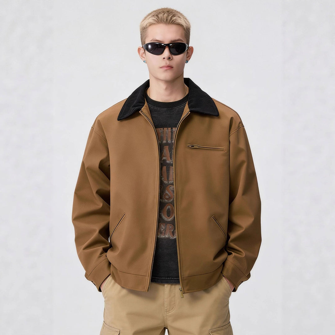 Herr dragkedja blouson i arbeteer stil med cord krage och breast ficka