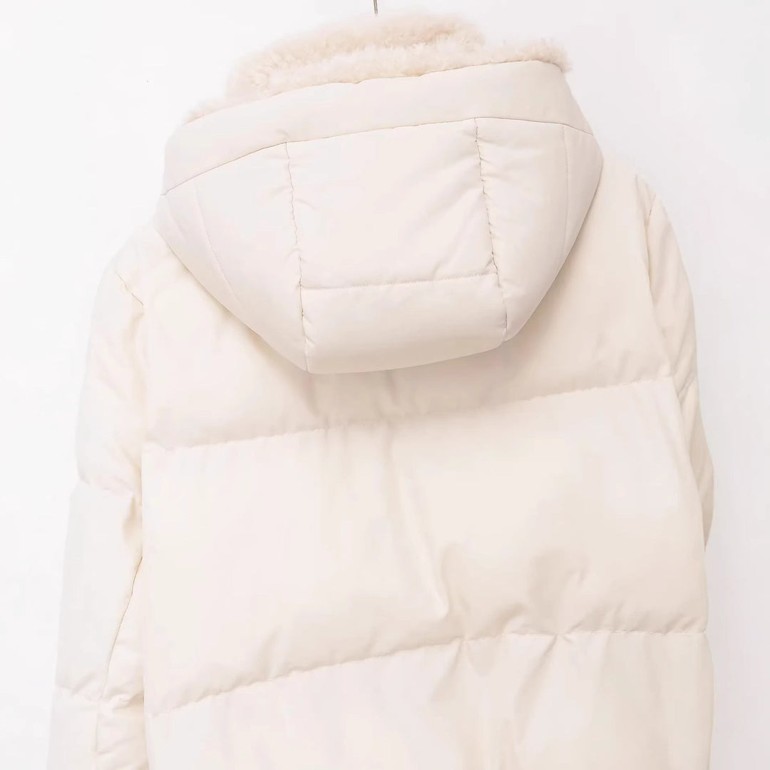 Dam quiltad hooded down-look jacka med teddy foder och hög krage