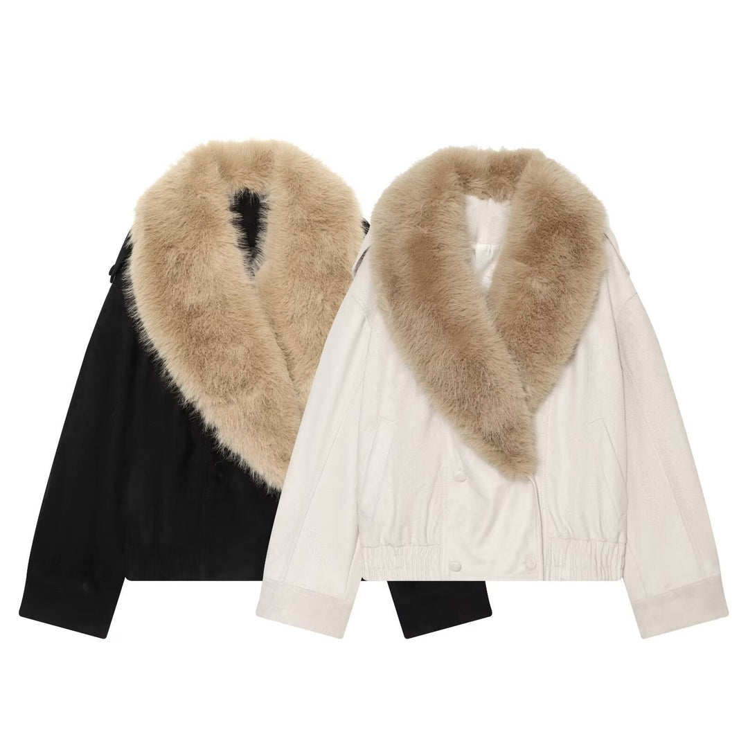 Dam Kort Velour Jacka med Avtagbar XXL Shawl Krage