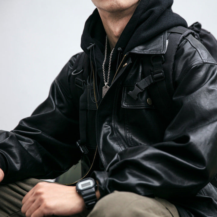 Herr oversize läderlook funktionsjacka med fickor med lock och elastisk fåll