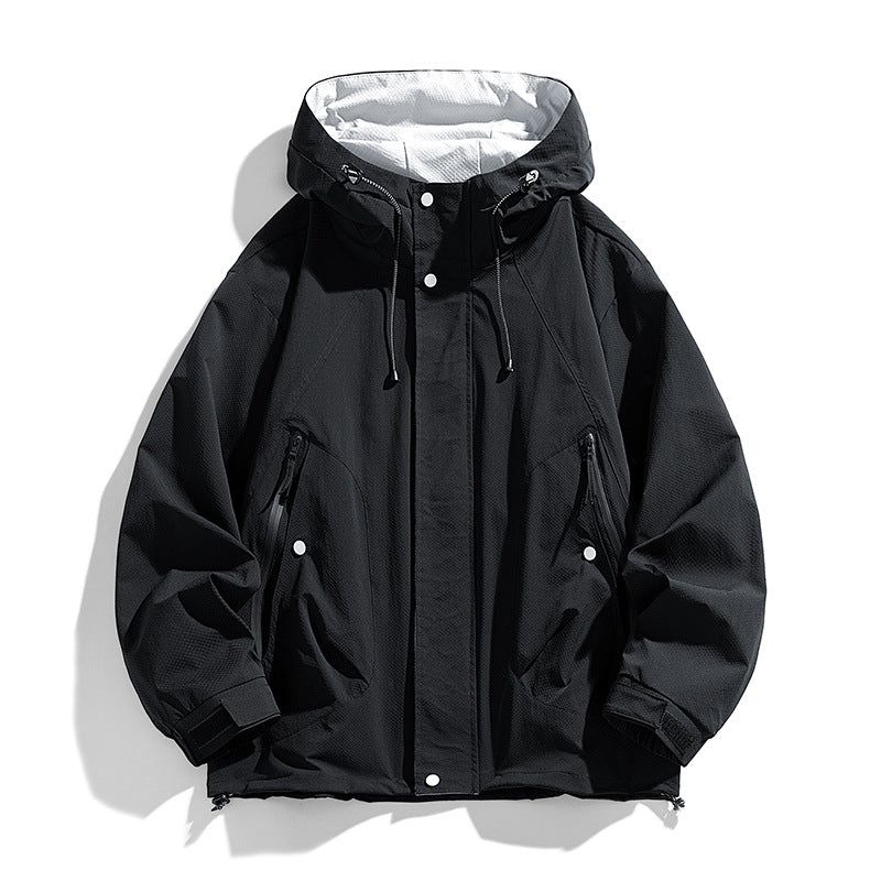 Unisex lätt vindtät outdoorjacka med huva, vattenavvisande outer shell och adjustable fåll