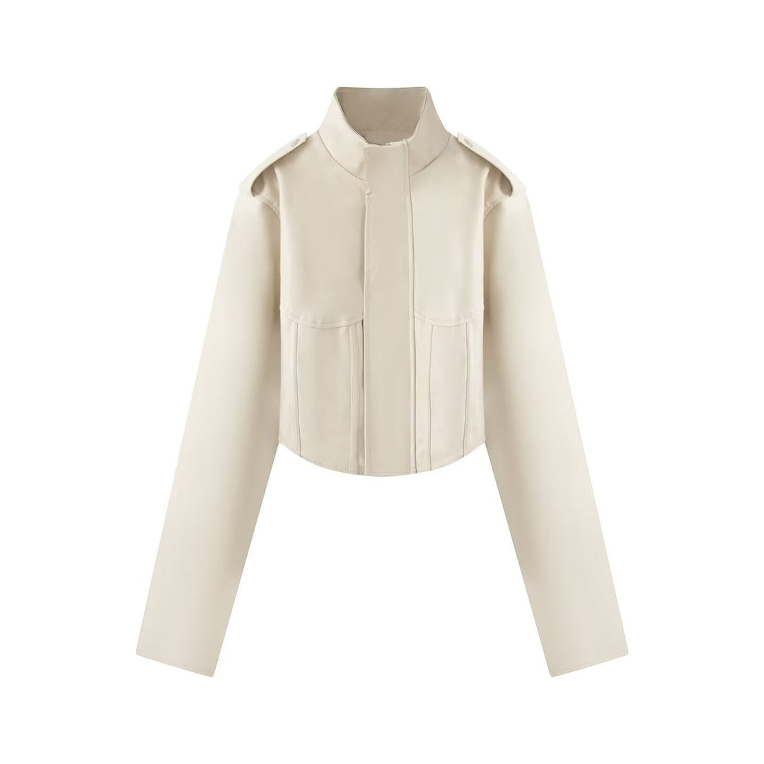 Dam Kort Jacka i Läderlook med Corset Seam och Stå Krage