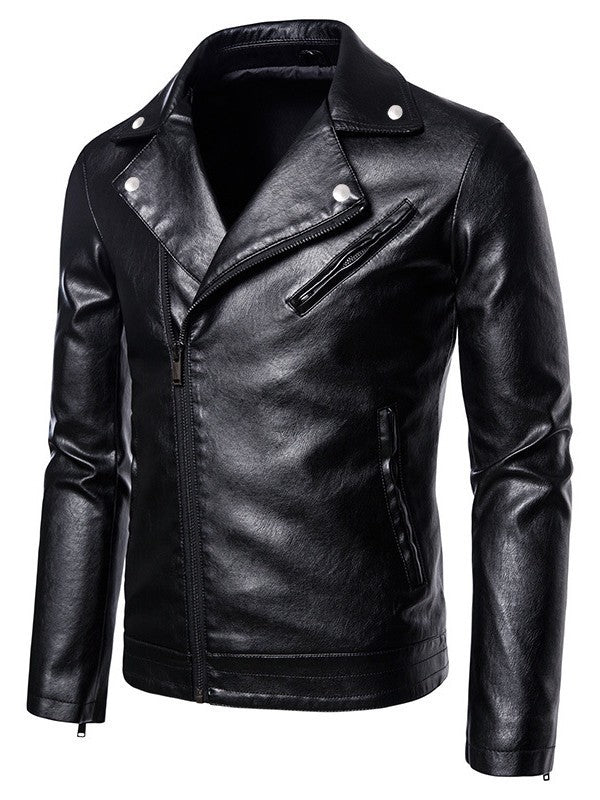 Herr Slim-Fit Biker Jacka i Läder Look med Asymmetrical Dragkedja och Notched Krage