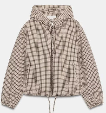 Dam Lätt Rutig med Huva Blouson Jacka med Drawstring och Elastic Nederkant