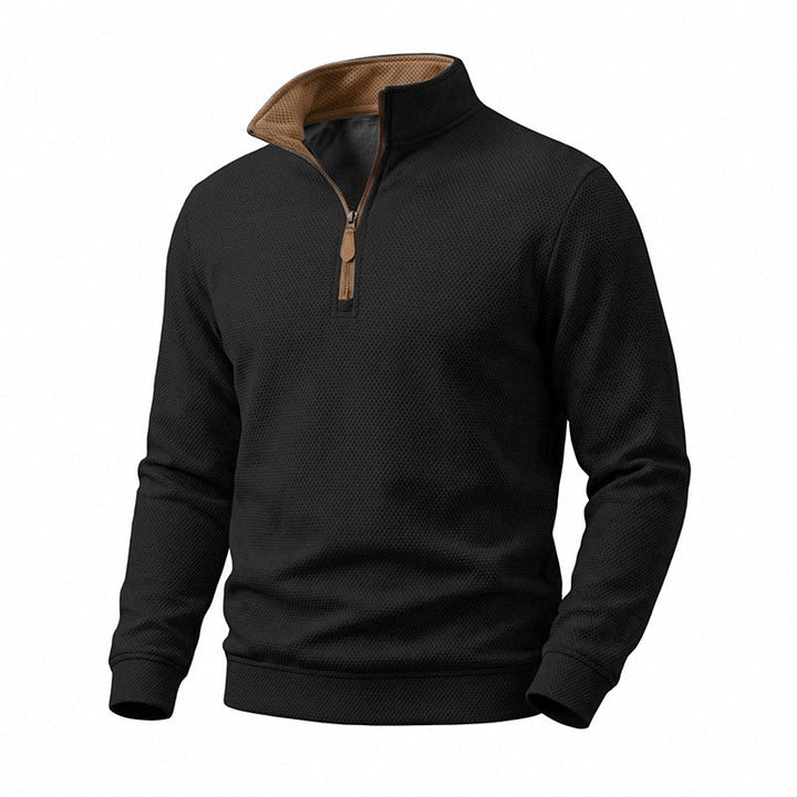 Herr Halv Dragkedja Pullover med Waffle Texture och Contrast Krage