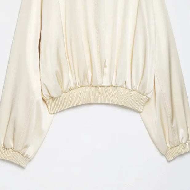 Dam Kort Satin Look Blouson Jacka med Balloon Ärmar och Ribbed Muddar