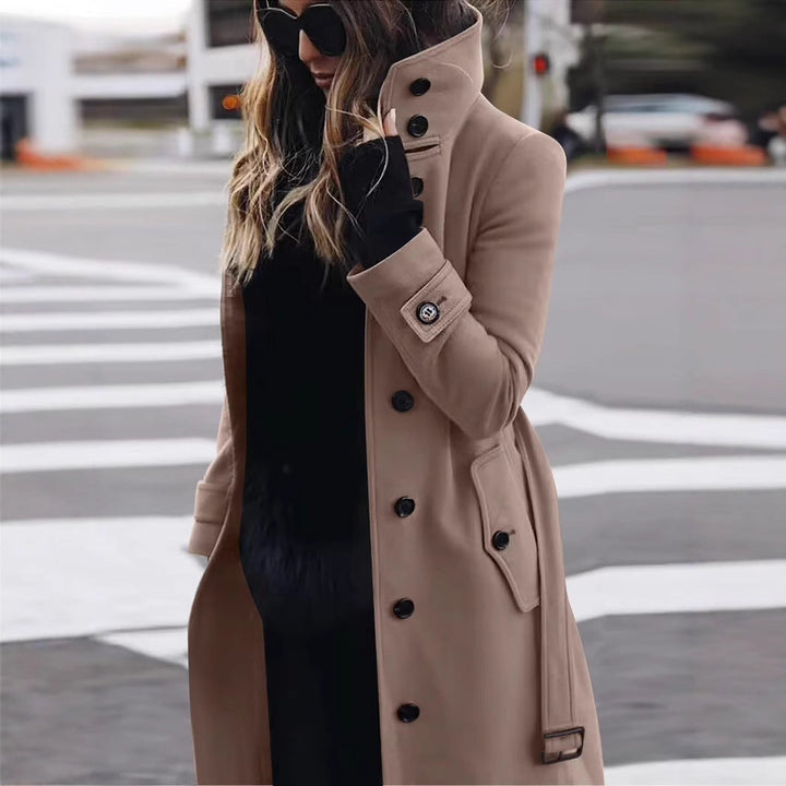 Dam lång skärning trenchcoat med hög ståkrage, knappslå och midjebälte look