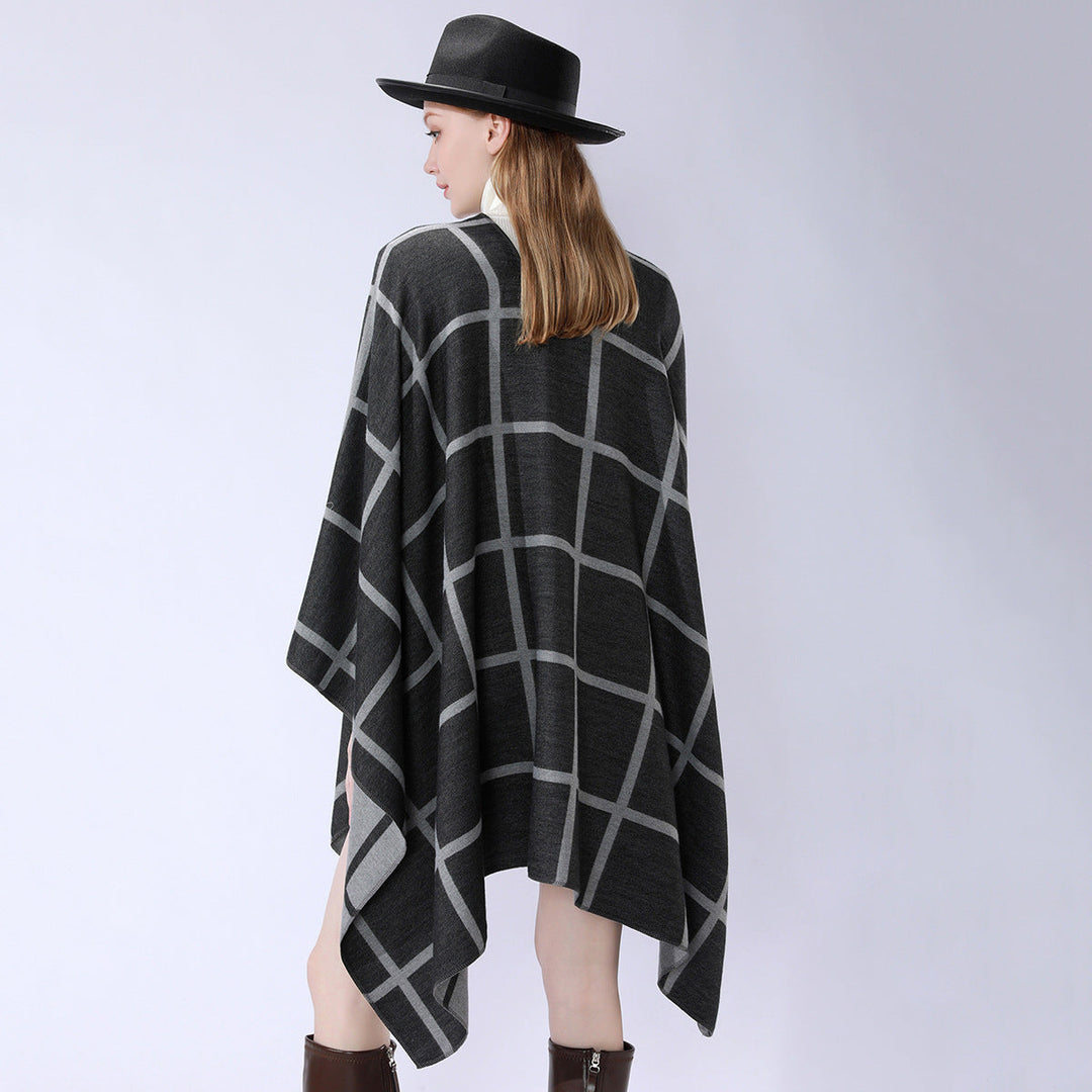 Dam Oversize ullblandning poncho med bälte och Check mönster