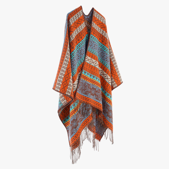 Dam Cape-poncho med multicolored Jacquard, öppen front och fransfåll