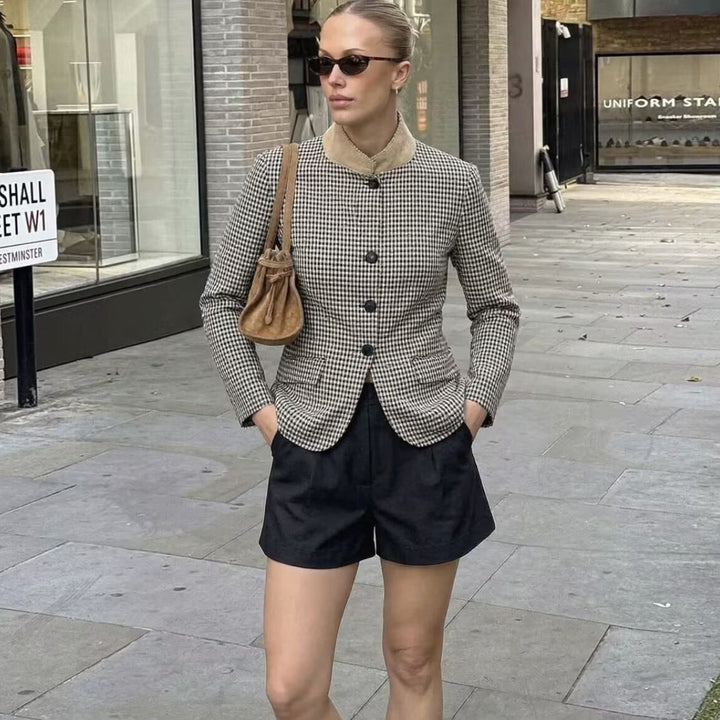 Dam Kort Rutig Boxig Blazer med Stå Krage och Lock Fickor