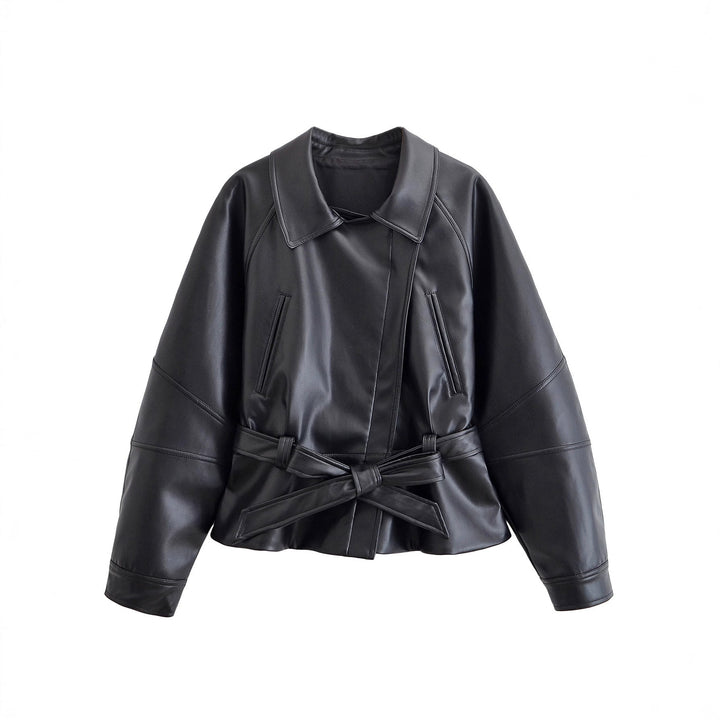 Dam 50+ Kort Tailored Faux Läder Blouse med Tie Belt och Dropped Shoulders