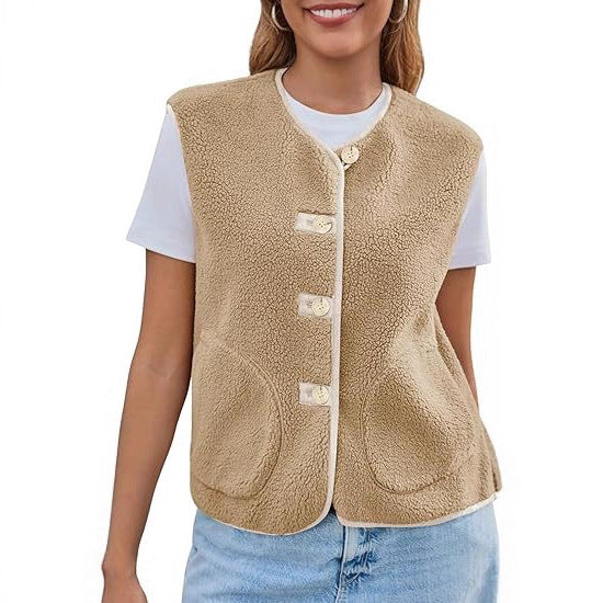 Dam teddy fleece väst med knappslå och sidofickor