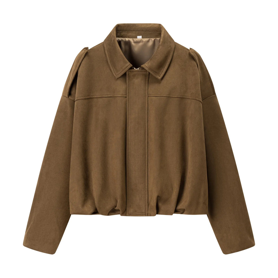 Dam cropped boxy blouse jacka med skjortkrage, concealed front placket, och elastisk fåll