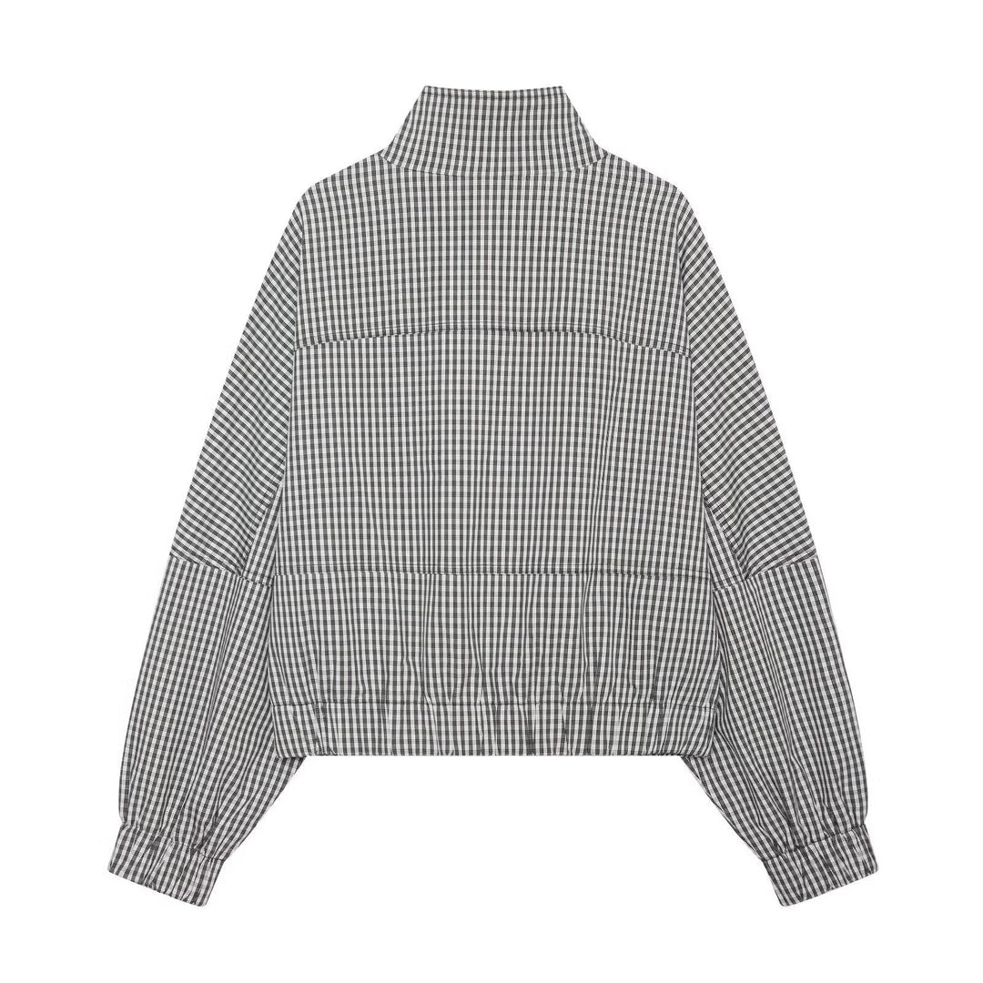 Dam Checked Kort Blouson med Stå Krage, Dragkedja och Elastic Nederkant