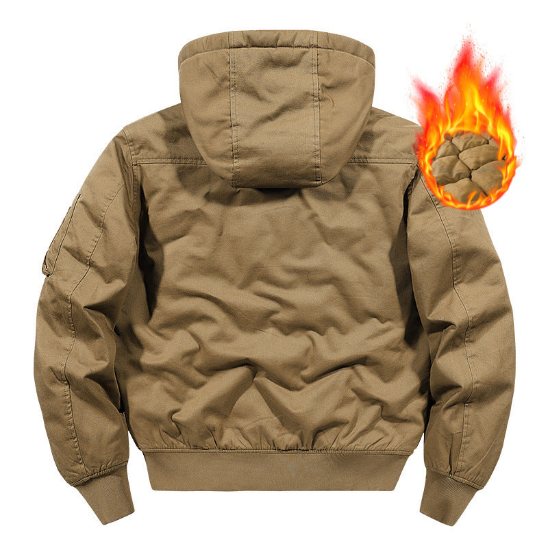 Herr Vadderad Hoodie Canvas Fältjacka med Ärm Ficka och Termisk Foder