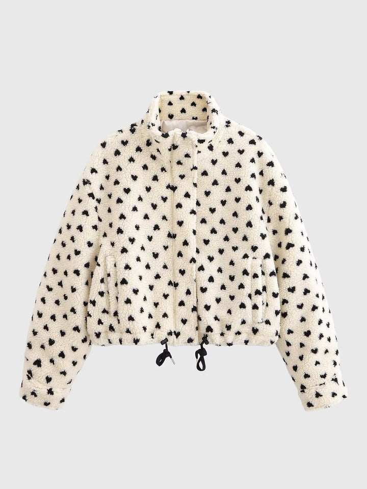 Dam Kort Teddy Jacka Tillverkad av Sherpa Fleece med Heart Tryck och Drawstring