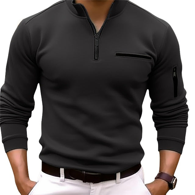 Herr Smal-Passform Pullover med Halv Dragkedja, Bröst och Ärm Ficka