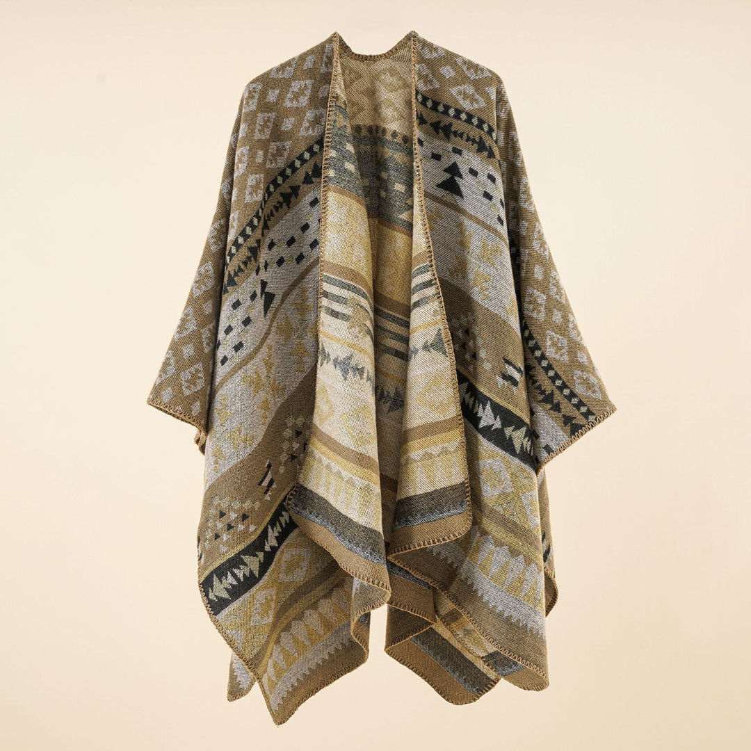Dam coarse woven ethnic poncho med fringes