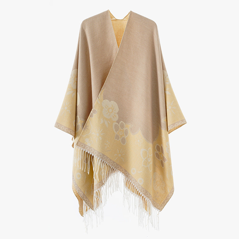 Dam kimono-stil oversized poncho tillverkad av Jacquard stickad med Floral Border design och fransfåll