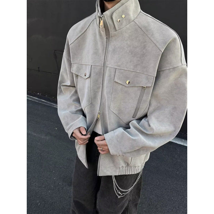 Herr Oversized Suede-Look Utilityjacka med Hög Ståkrage