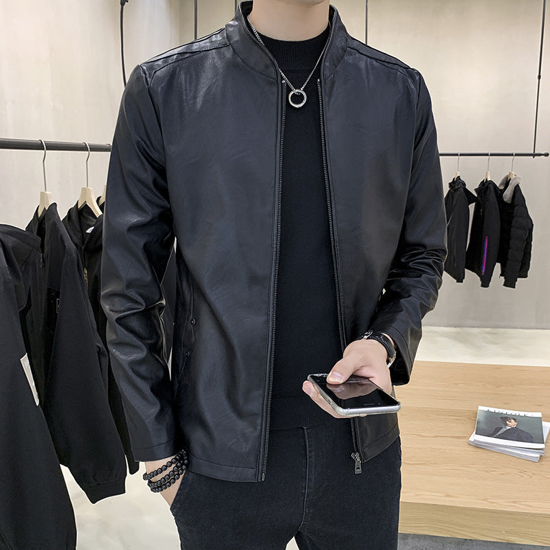 Herr Slim-Fit Konstläder Flight Jacka med Minimalistisk Ståkrage och Dold Zip Knapplist