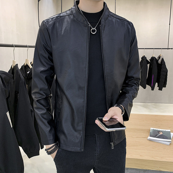Herr Slim-Fit Konstläder Flight Jacka med Minimalistisk Ståkrage och Dold Zip Knapplist