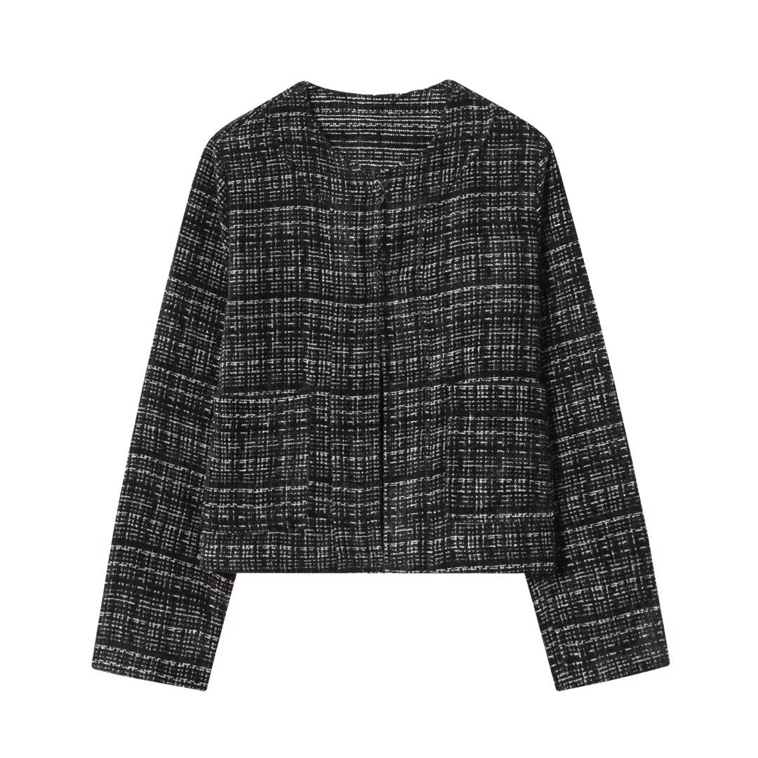 Dam Kort Boucléjacka i Boxig Kort Skärning med Crew Neck